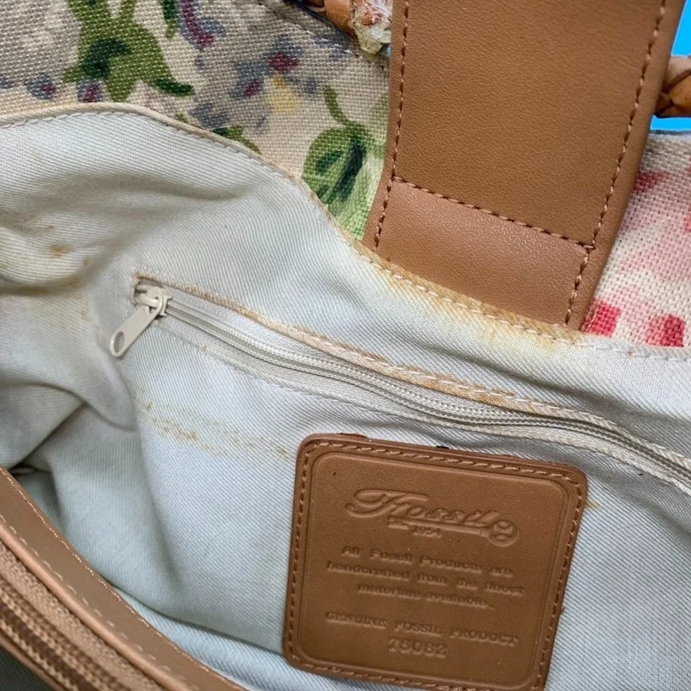 Fossil‎ Floral Print Canvas Satchel Bag Purse Woven Round Double Handle